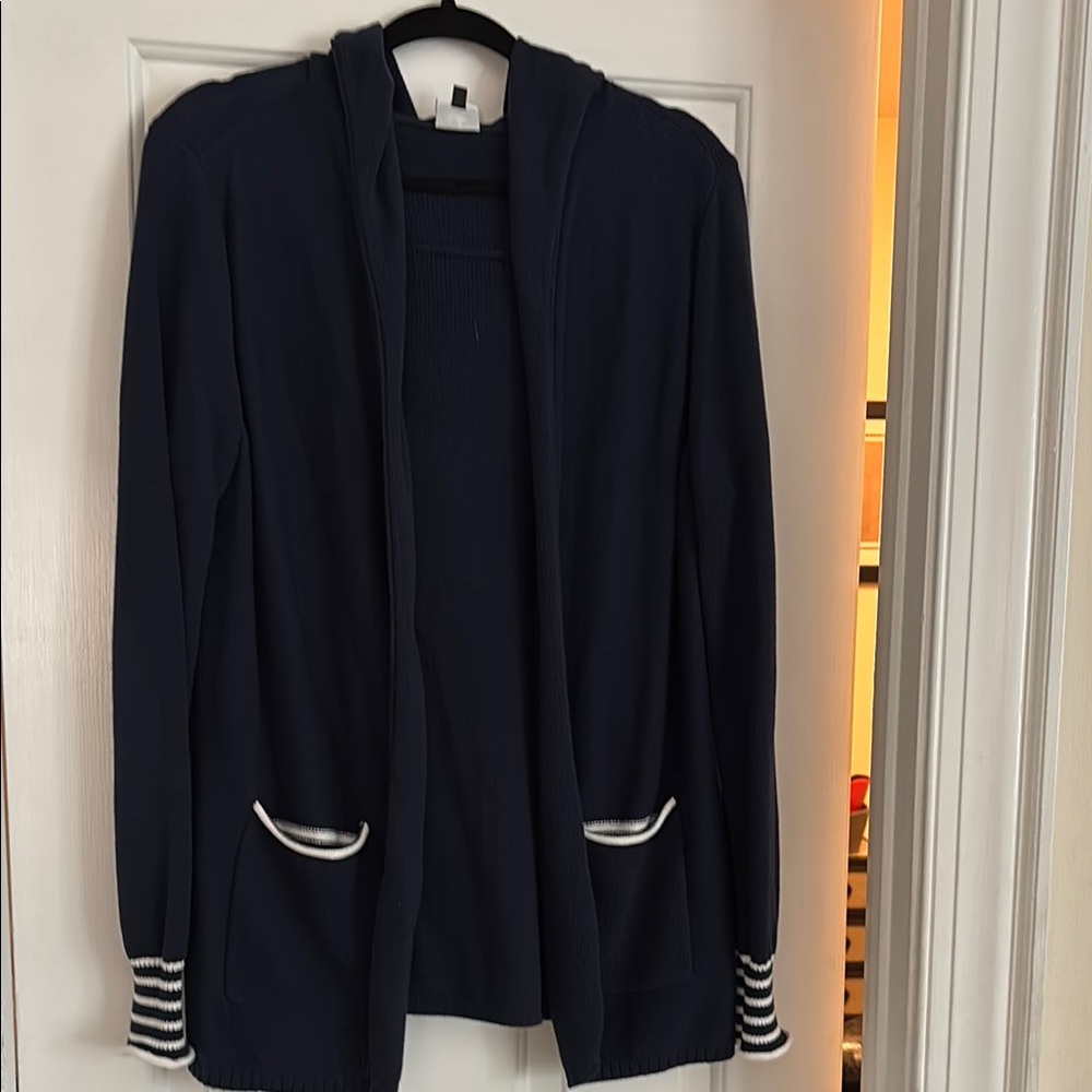 CAbi Blue and White Cardigan Sweater with Striped Cuffs